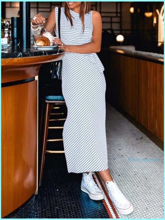 Slim Fit Midi Dress with Tie Waist and Slit, Sleeveless Tank Style for Summer - Picture 2 of 7